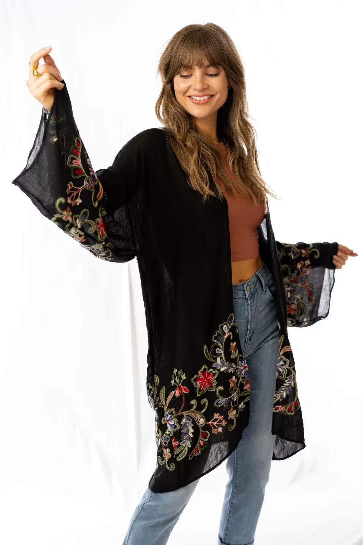 Long Floral Kimono Cardigan Black