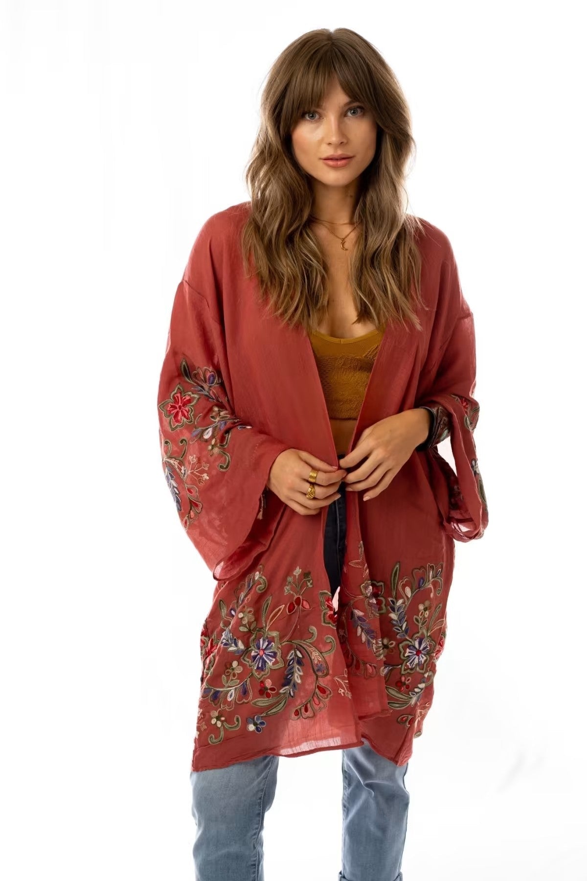 Long Floral Kimono Cardigan Rust