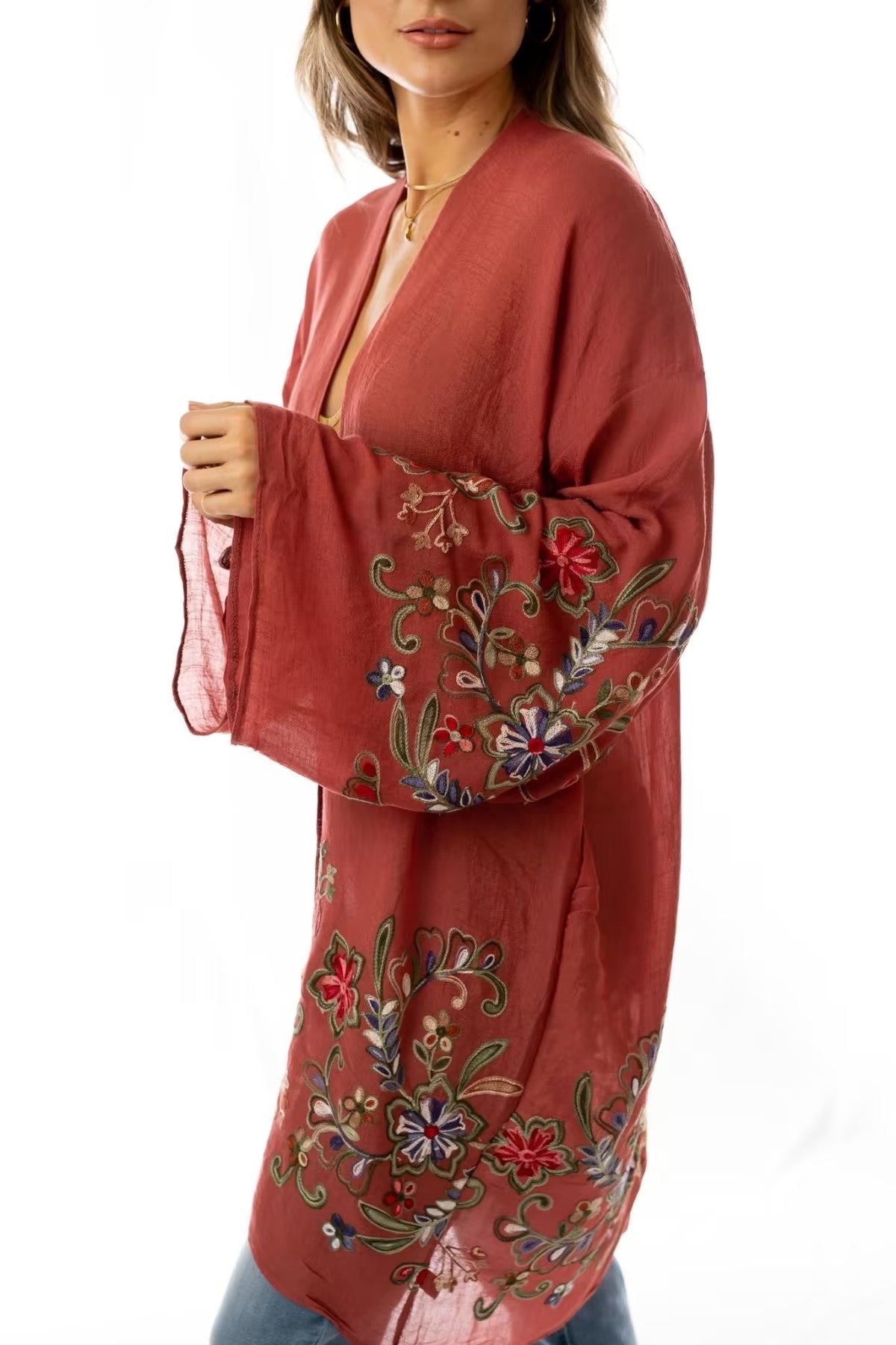 Long Floral Kimono Cardigan Rust
