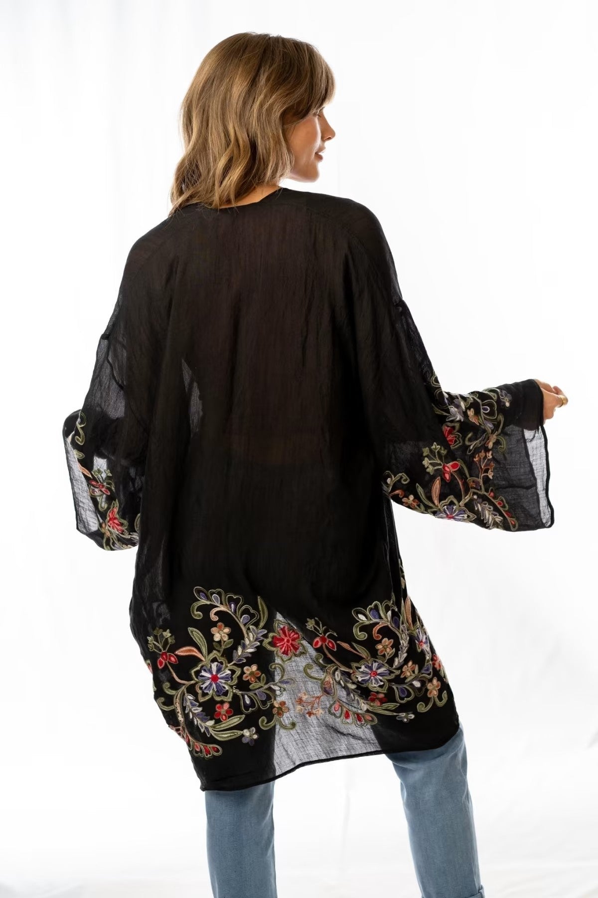 Long Floral Kimono Cardigan Black